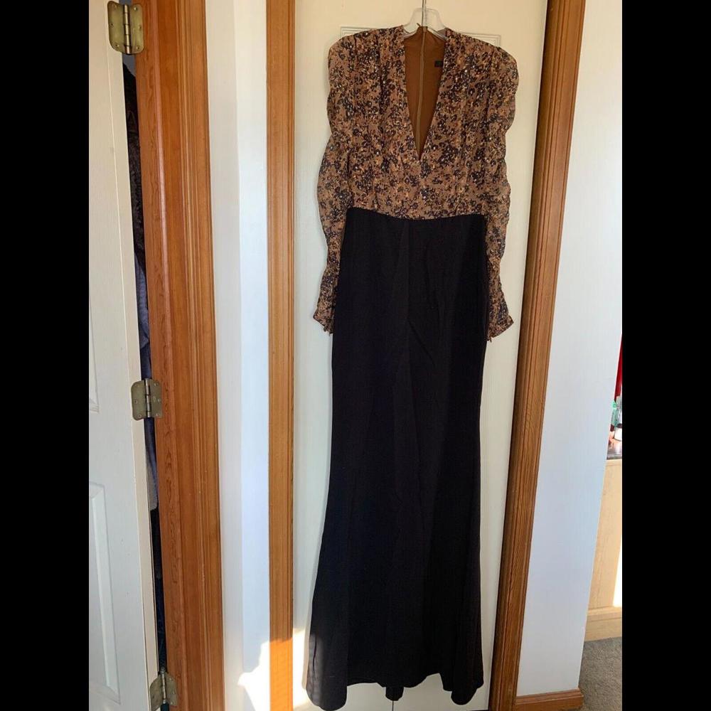 Badgley Mischka Womens Floral Print V Neck Evening Gown Brown Black Size 0
